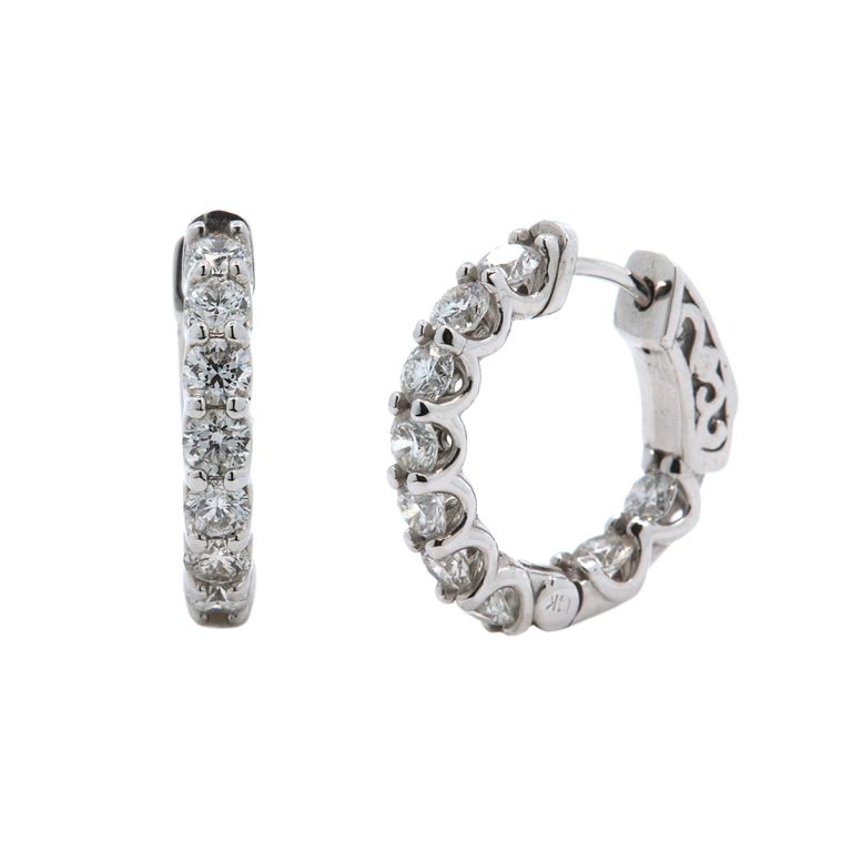 14K White Gold Hinged Diamond Hoop Earrings
