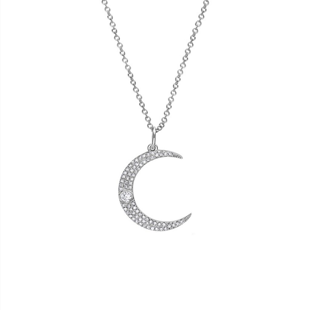 14K White Gold Crescent Moon Diamond Pendant and Chain