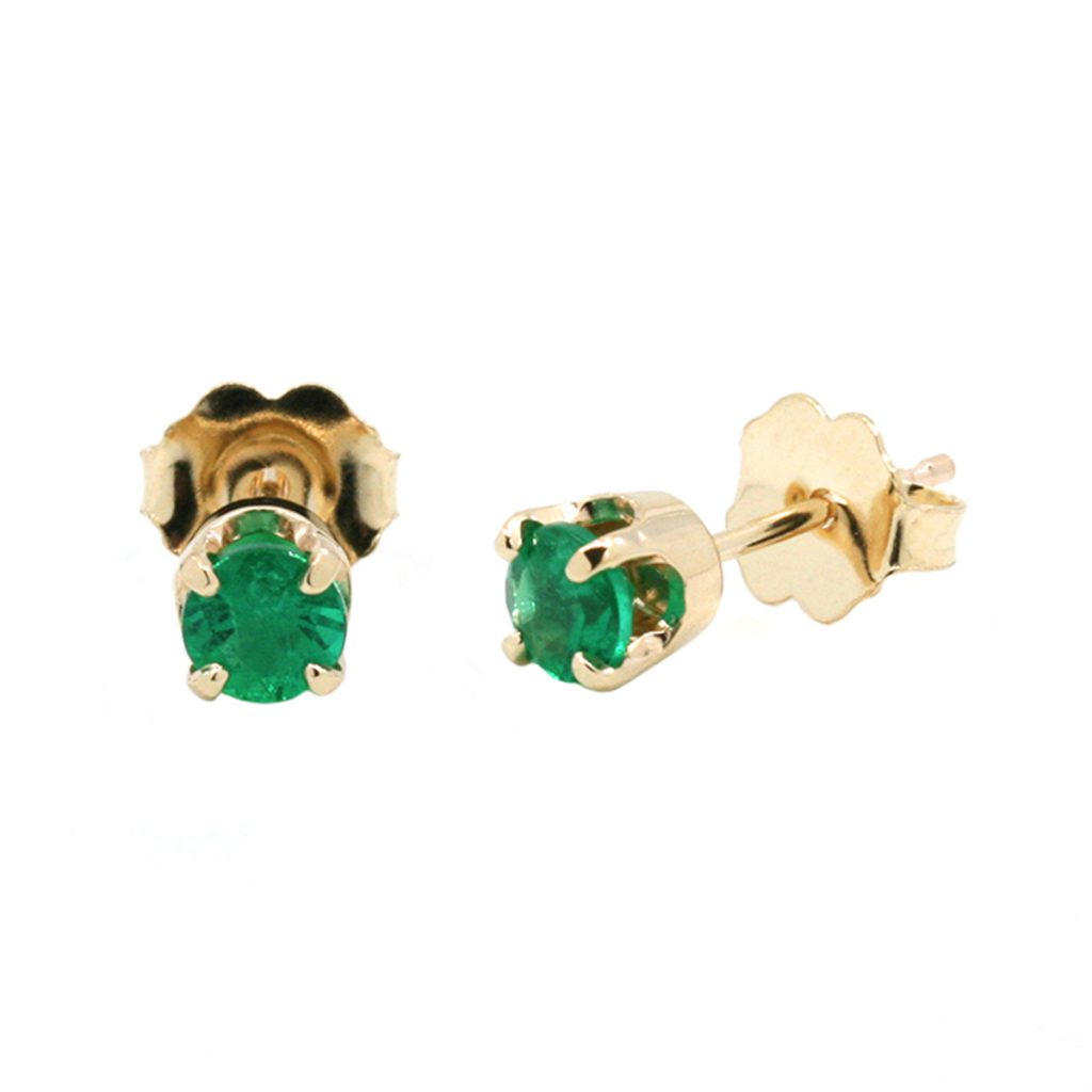 14K Yellow Gold Round Emerald Stud Earrings