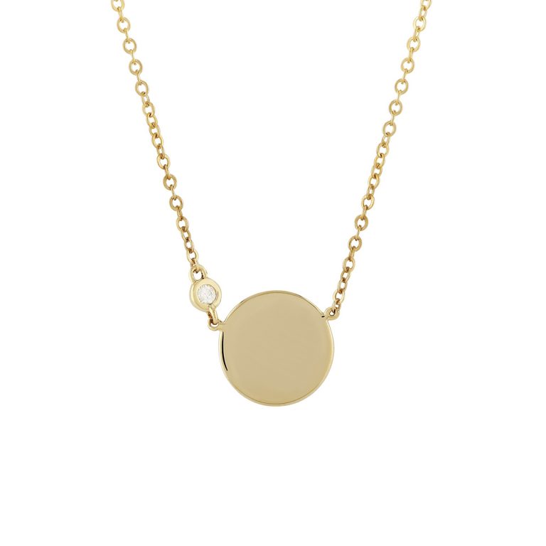 14K Yellow Gold Engravable Circle Necklace with Diamond Accent