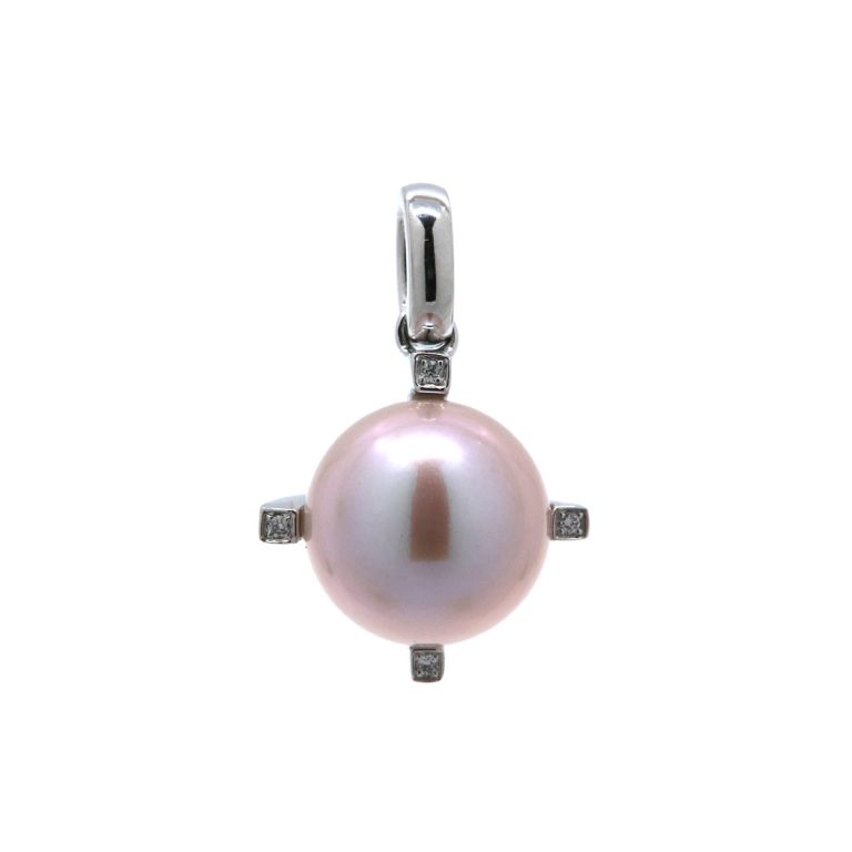 14K White Gold Pink Freshwater Pearl and Diamond Pendant