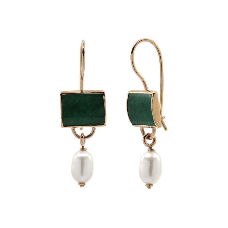 14K Yellow Gold Jade and Pearl Dangle Earrings