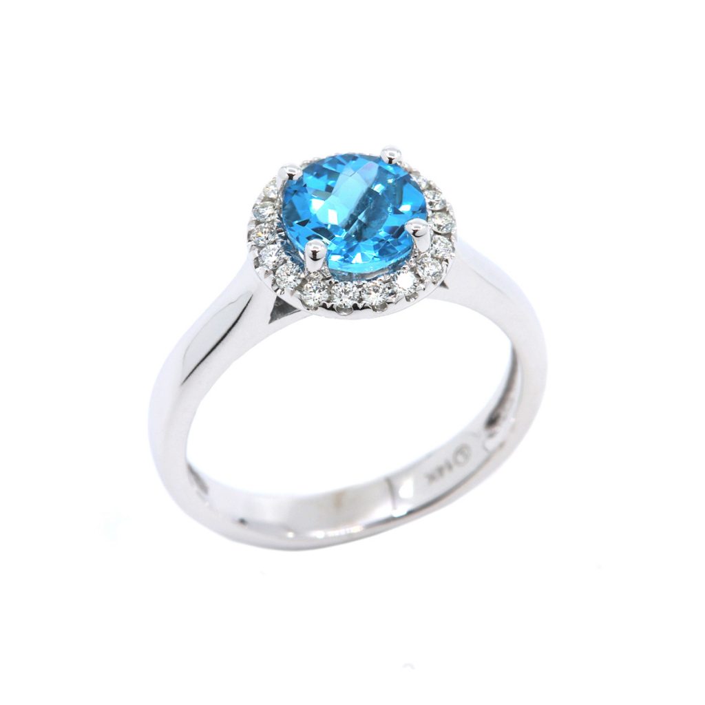 14K White Gold Blue Topaz and Diamond Halo Ring