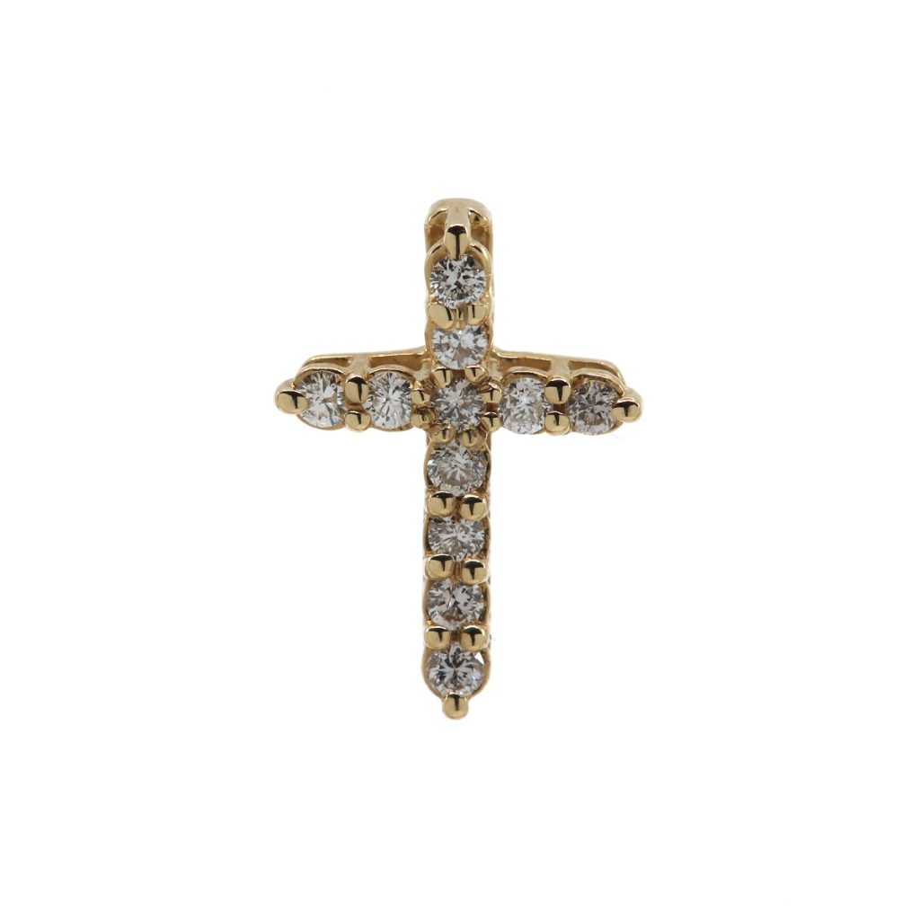 14K Yellow Gold Eleven Diamond Cross Pendant