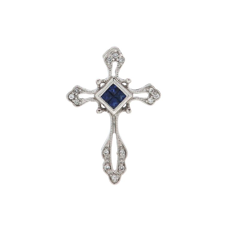 14K White Gold Sapphire and Diamond Cross Pendant