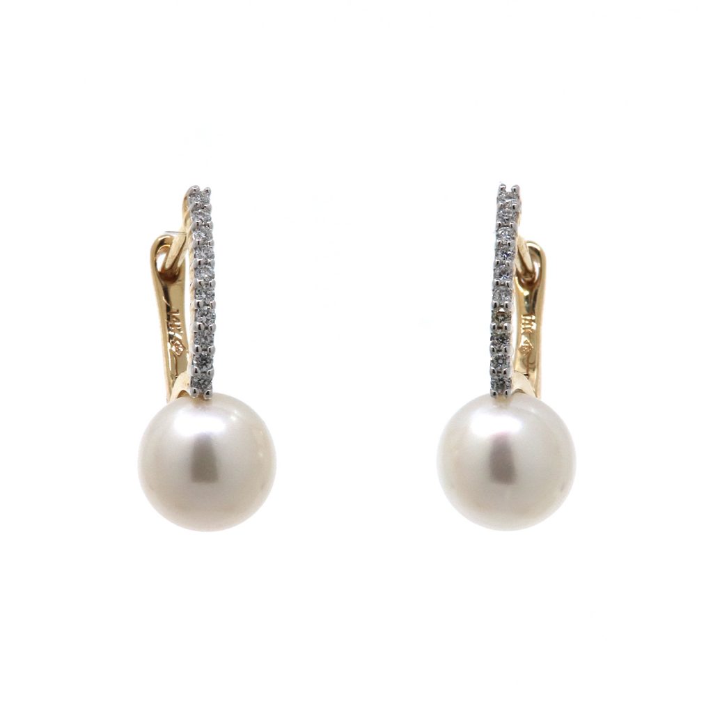 14K Yellow Gold Freshwater Pearl and Diamond Earrings