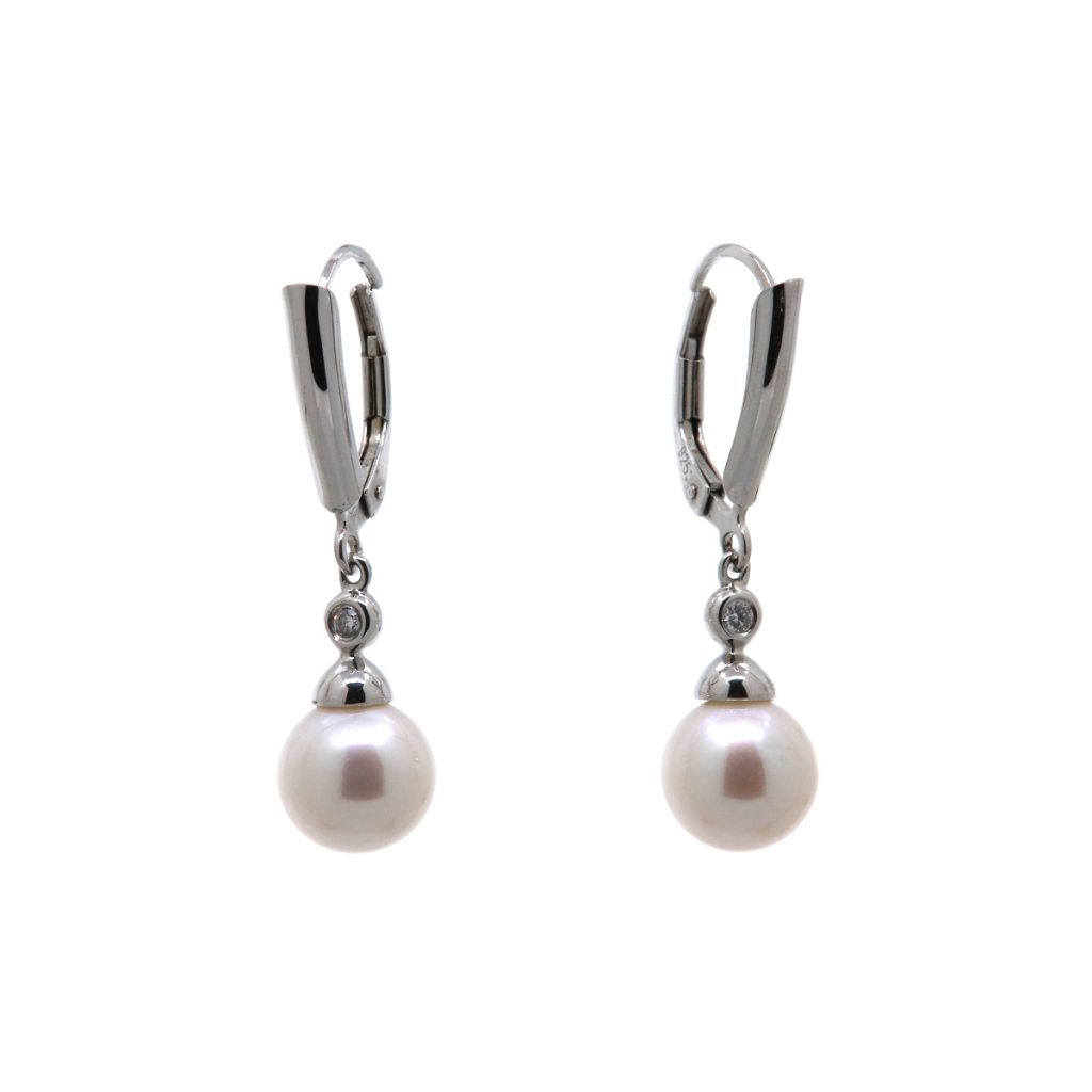 Sterling Silver Pearl and Diamond Dangle Earrings