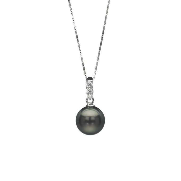14K White Gold Tahitian Pearl and Graduated Diamond Pendant and Chain