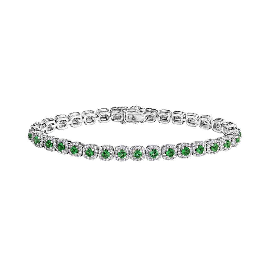 14K White Gold Emerald and Diamond Halo Bracelet