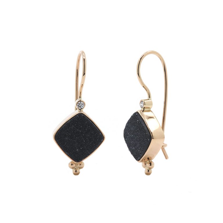 14K Yellow Gold Black Drusy and Diamond Wire Earrings