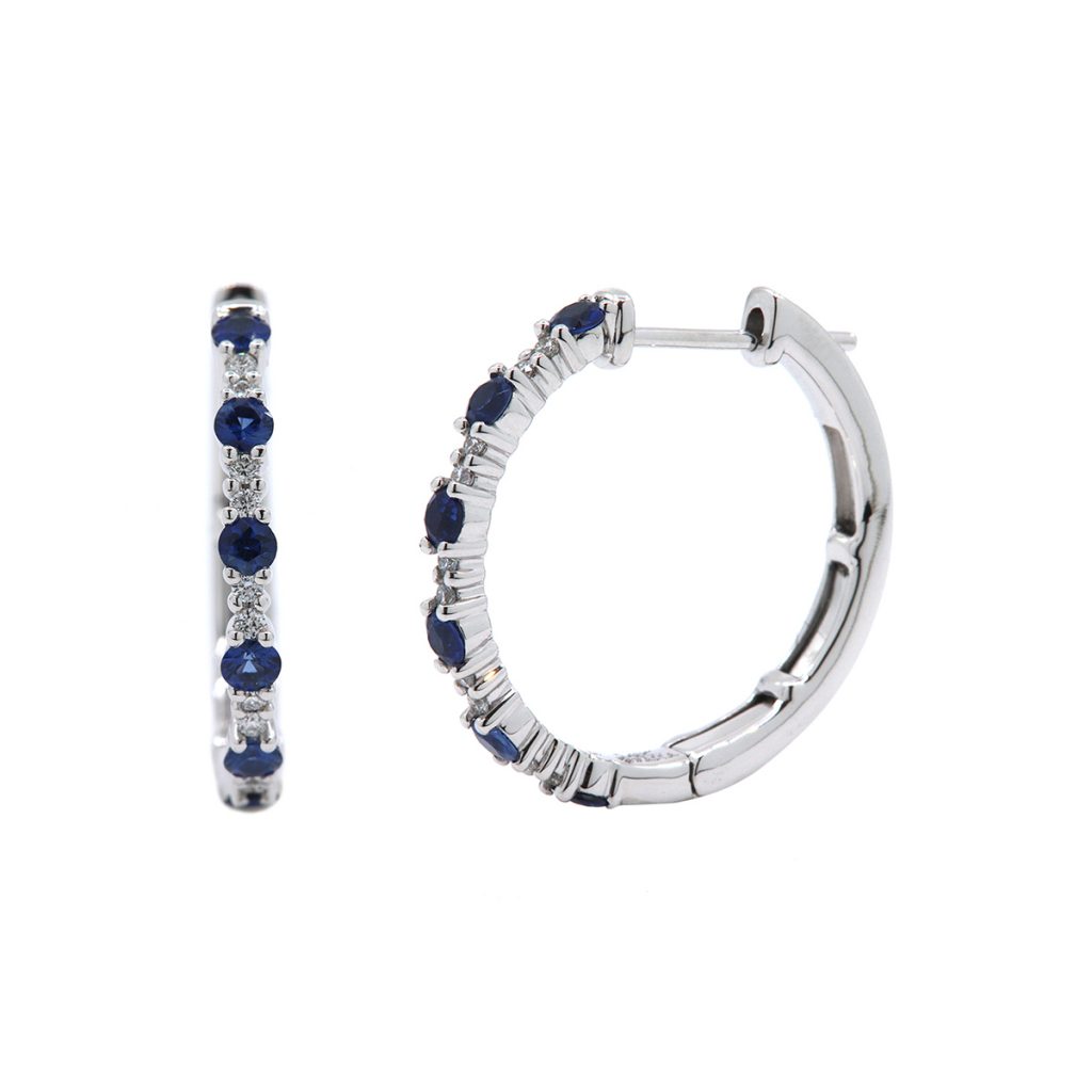 14K White old Hinged Hoops with Sapphires and Diamonds