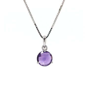 14K White Gold Round Checkerboard Amethyst Pendant and Chain