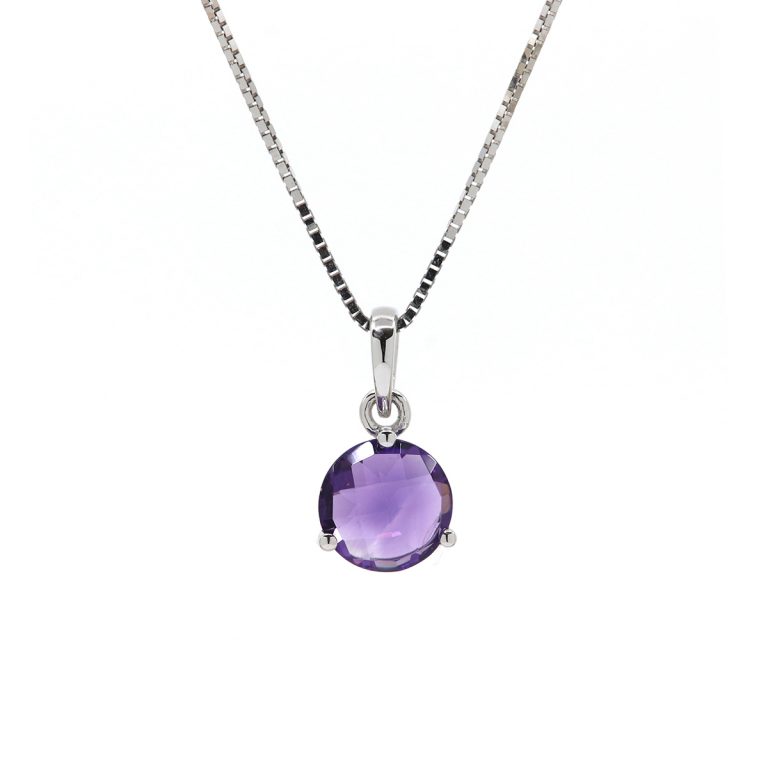 14K White Gold Round Checkerboard Amethyst Pendant and Chain