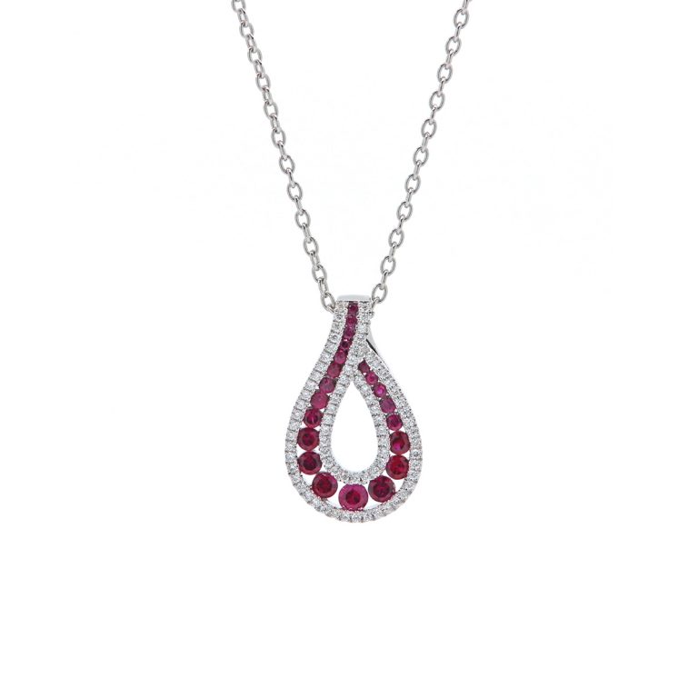 14K White Gold Open Pear-Shaped Ruby and Diamond Pendant and Chain