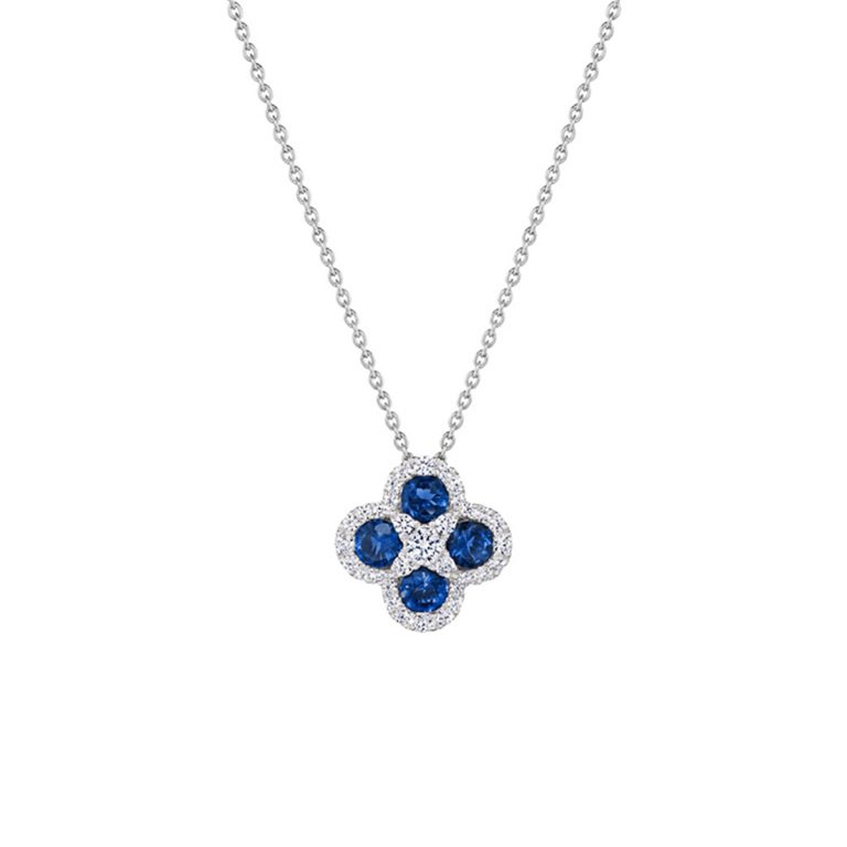 14K White Gold Blue Sapphire and Diamond Clover Necklace