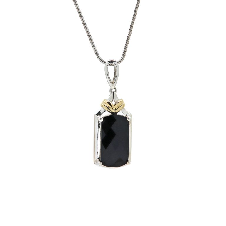 Sterling Silver and 18K Yellow Gold Estate Onyx Pendant and Chain