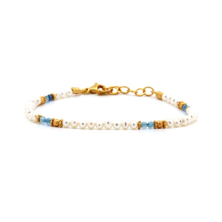 Gold Plated Sterling Silver Pearl and Aquamarine Bracelet