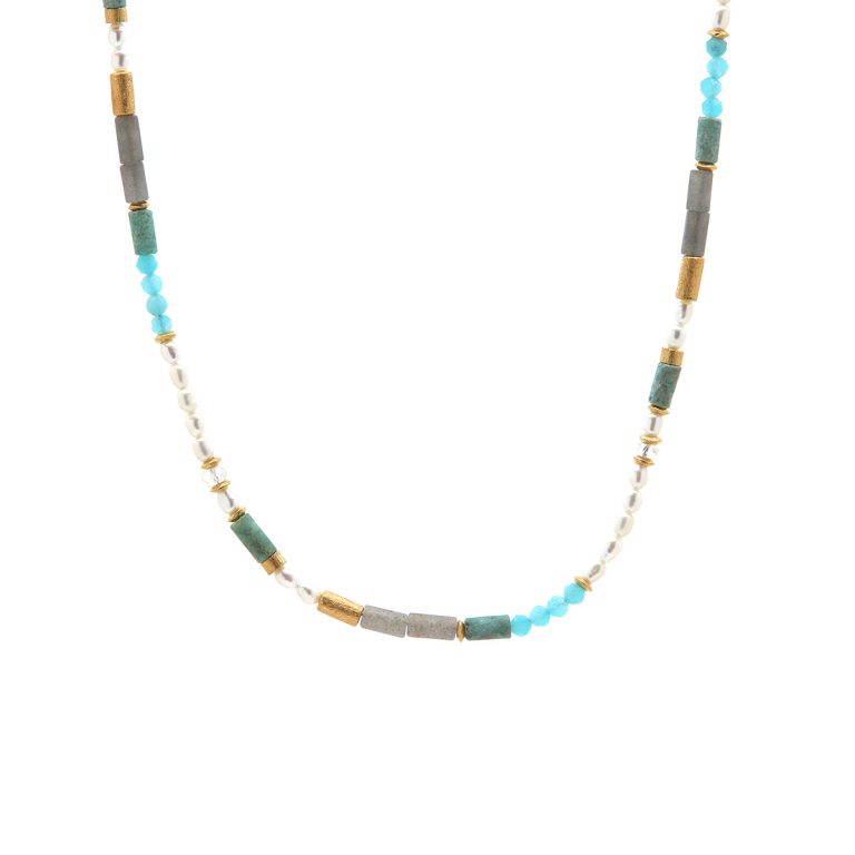 Gold Plated Pearl, Labradorite, Opalite and Chrysocolla Necklace
