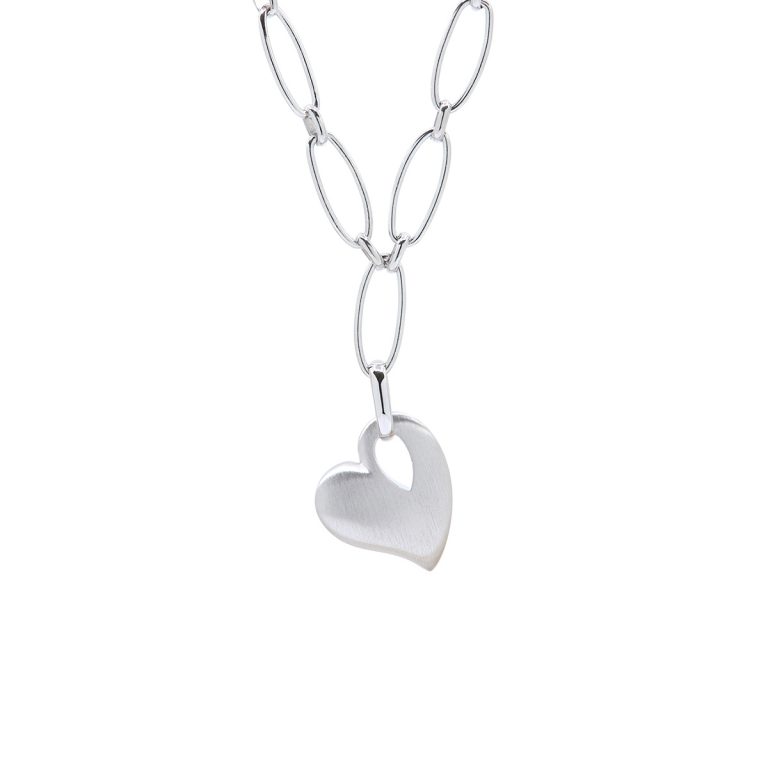 Sterling Silver Brushed Heart Pendant with Oval Link Chain