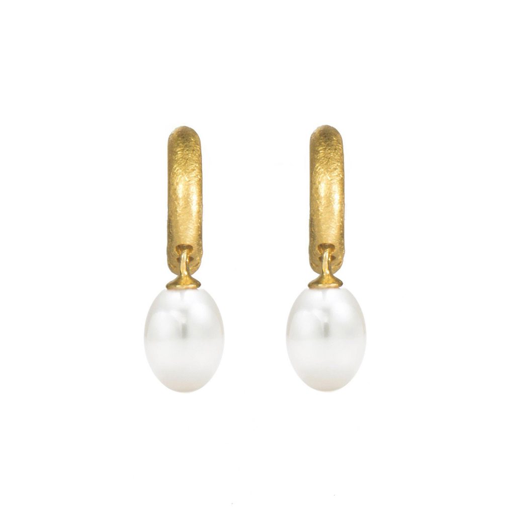 Gold Plated Sterling Silver White Pearl Hoop Earrings