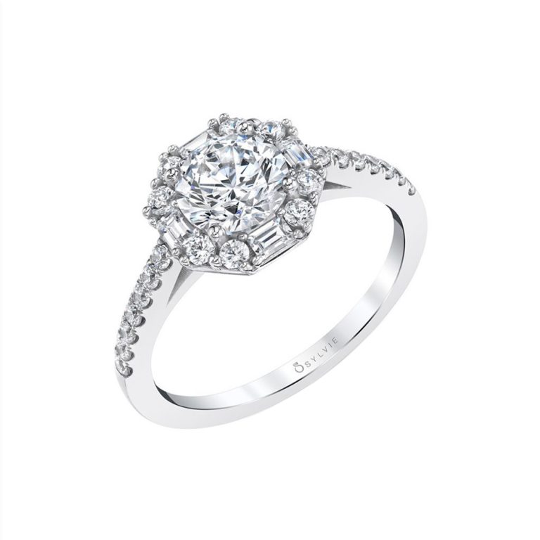 14K White Gold Octagonal Halo Engagement Ring Semi-Mounting