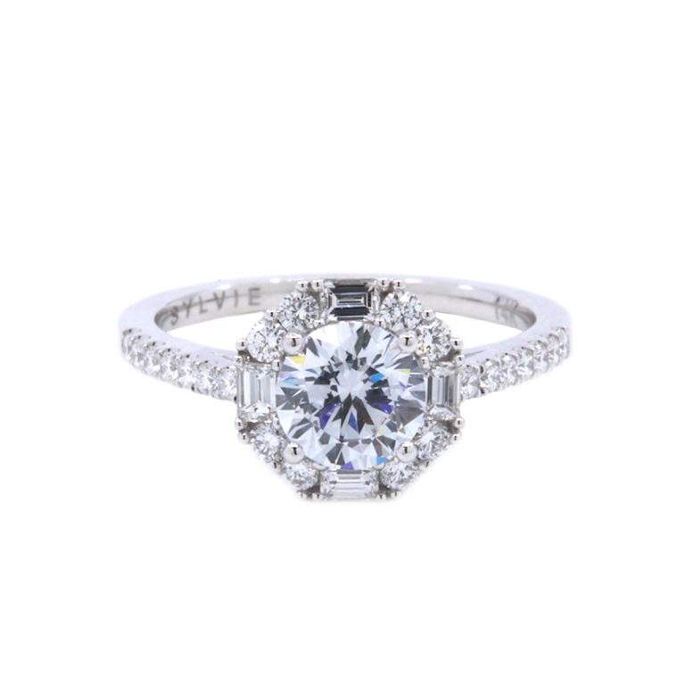 14K White Gold Octagonal Halo Engagement Ring Semi-Mounting