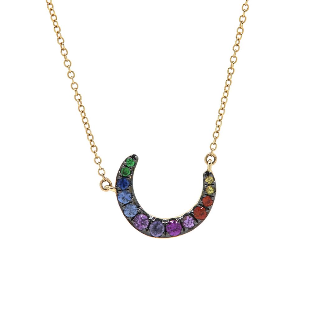 14K Yellow Gold Multicolor Sapphire Crescent Necklace
