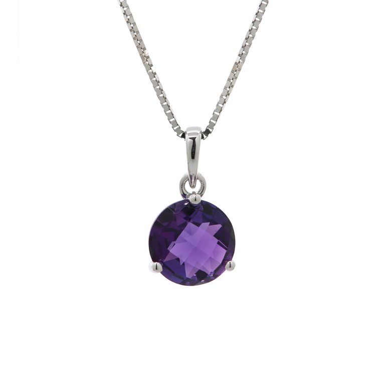 14K White Gold Round Amethyst Pendant and Chain