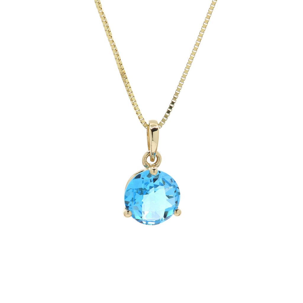 14K Yellow Gold Checkerboard Blue Topaz Pendant and Chain