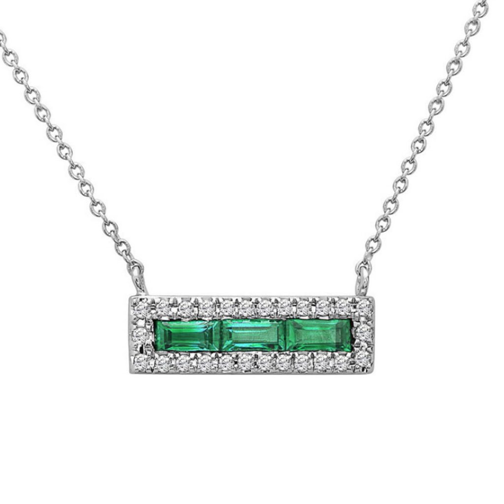 14K White Gold Horizontal Emerald and Diamond Bar Necklace