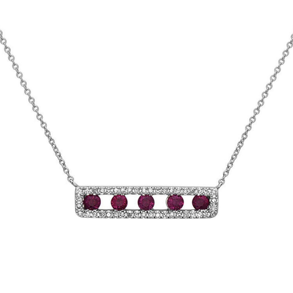 14K White Gold Ruby and Diamond Open Rectangle Necklace