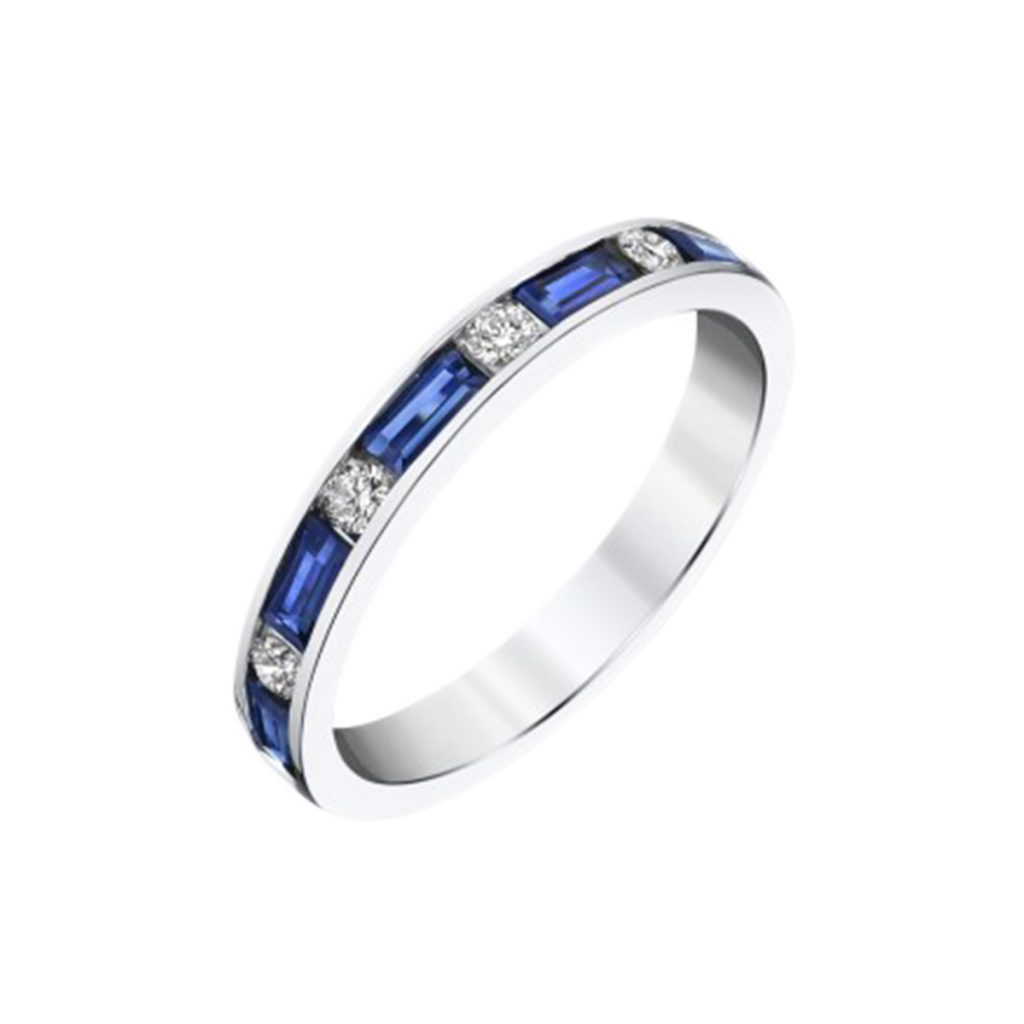 14K White Gold Baguette Sapphire and Diamond Ring