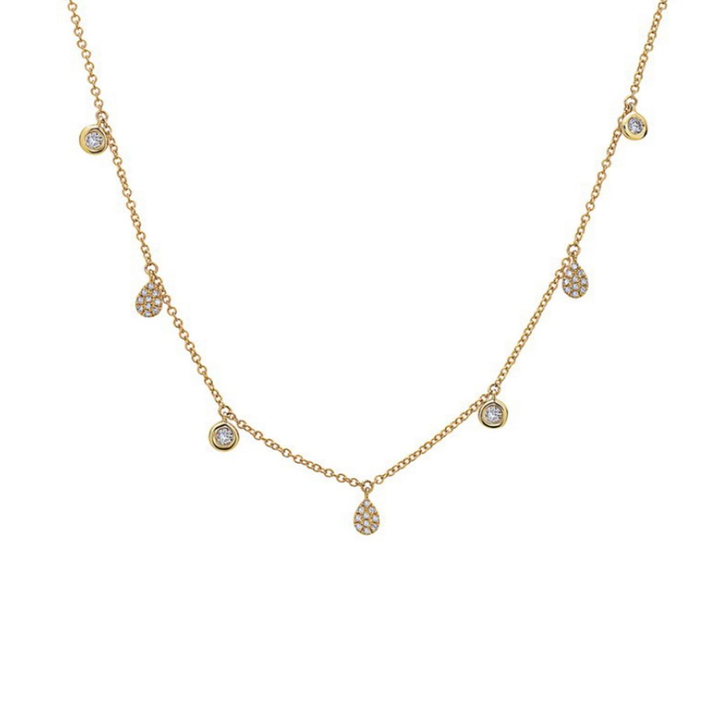 14K Yellow Gold Pavé Pear and Round Alternating Station Necklace