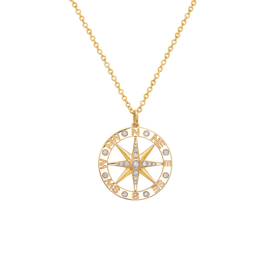 14K Yellow Gold Diamond Compass Pendant and Chain