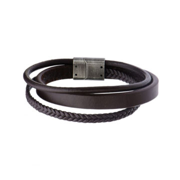 Stainless Steel Brown Leather Layered Bracelet