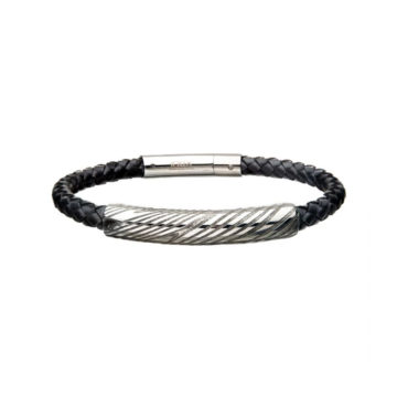 Stainless Steel Damascus Black Leather Bracelet