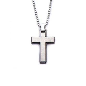 Stainless Steel Cross Pendant with Black Plated Edges and Chain