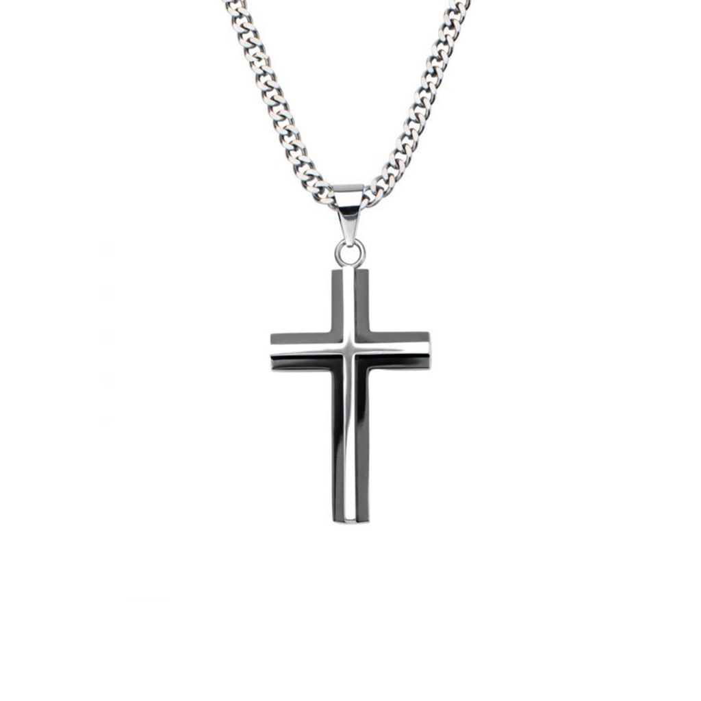 Stainless Steel and Black Plated 3D Cross Pendant with Chain
