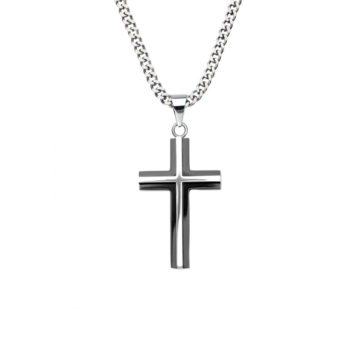 Stainless Steel and Black Plated 3D Cross Pendant with Chain