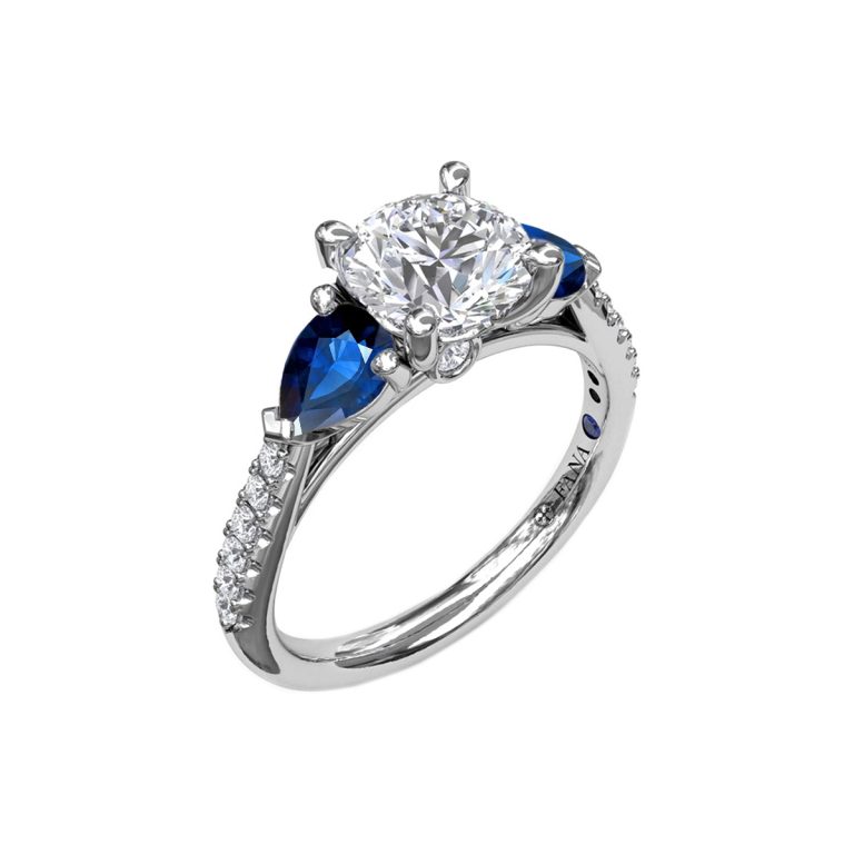 14K White Gold Three-Stone with Pear Sapphire Engagement Ring Semi-Mounting