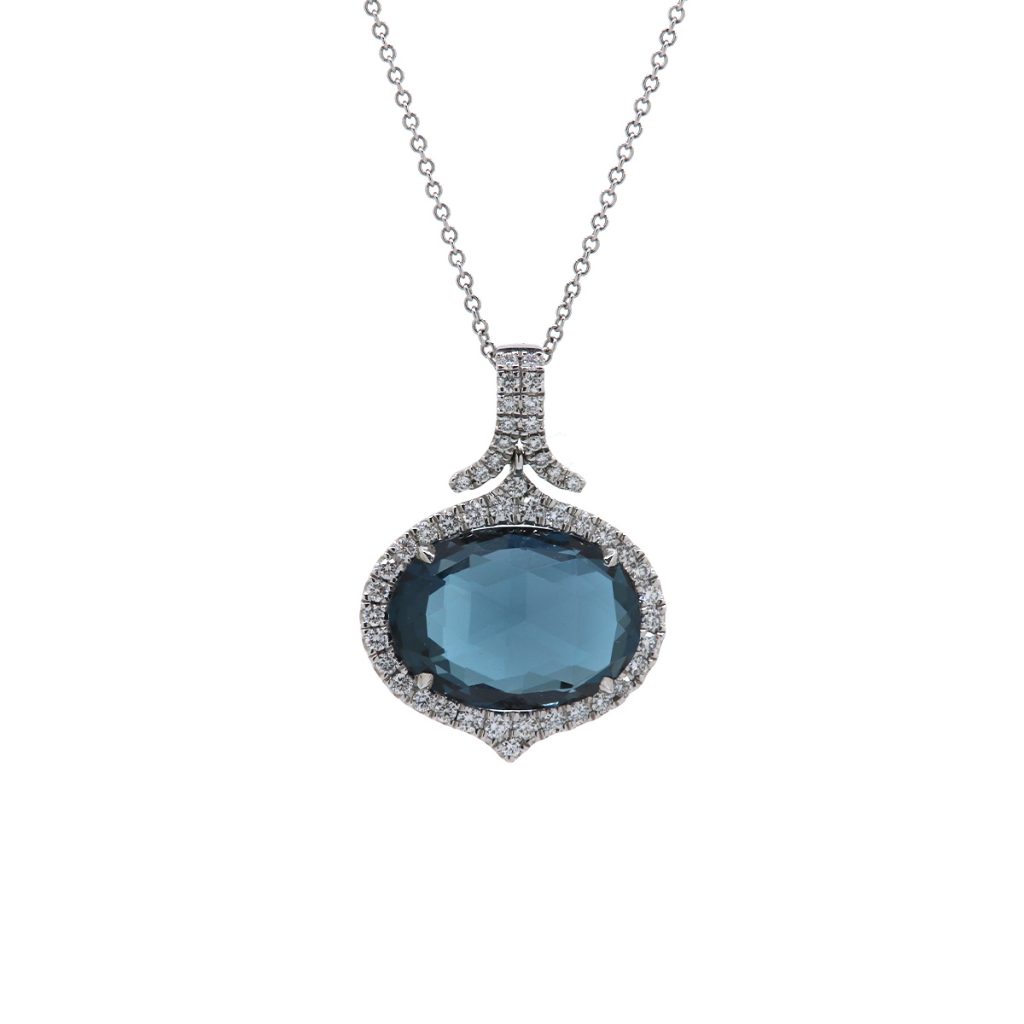 18K White Gold Oval London Blue Topaz Pendant with Chain