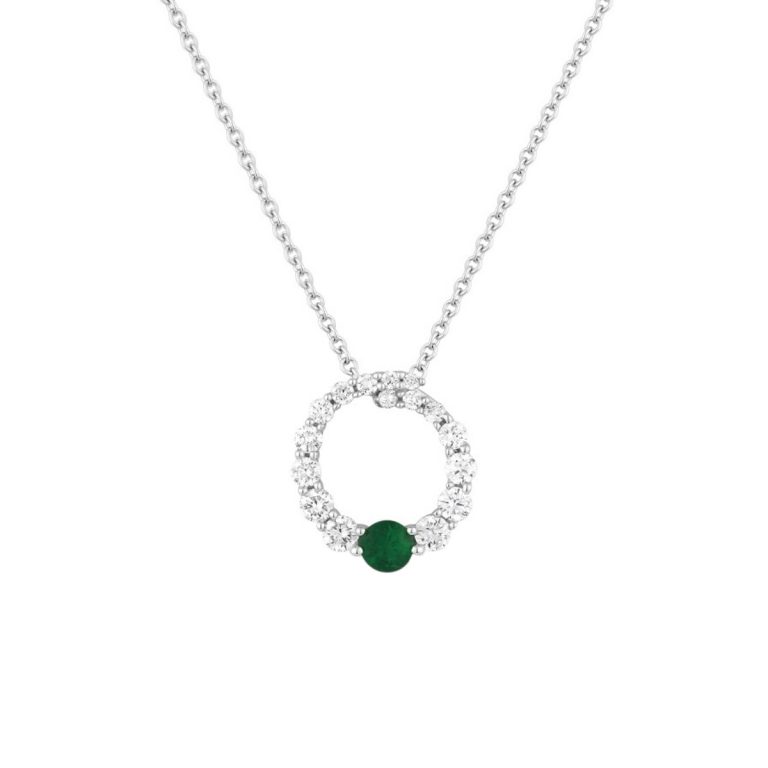 14K White Gold Emerald and Diamond Circle Pendant with Chain