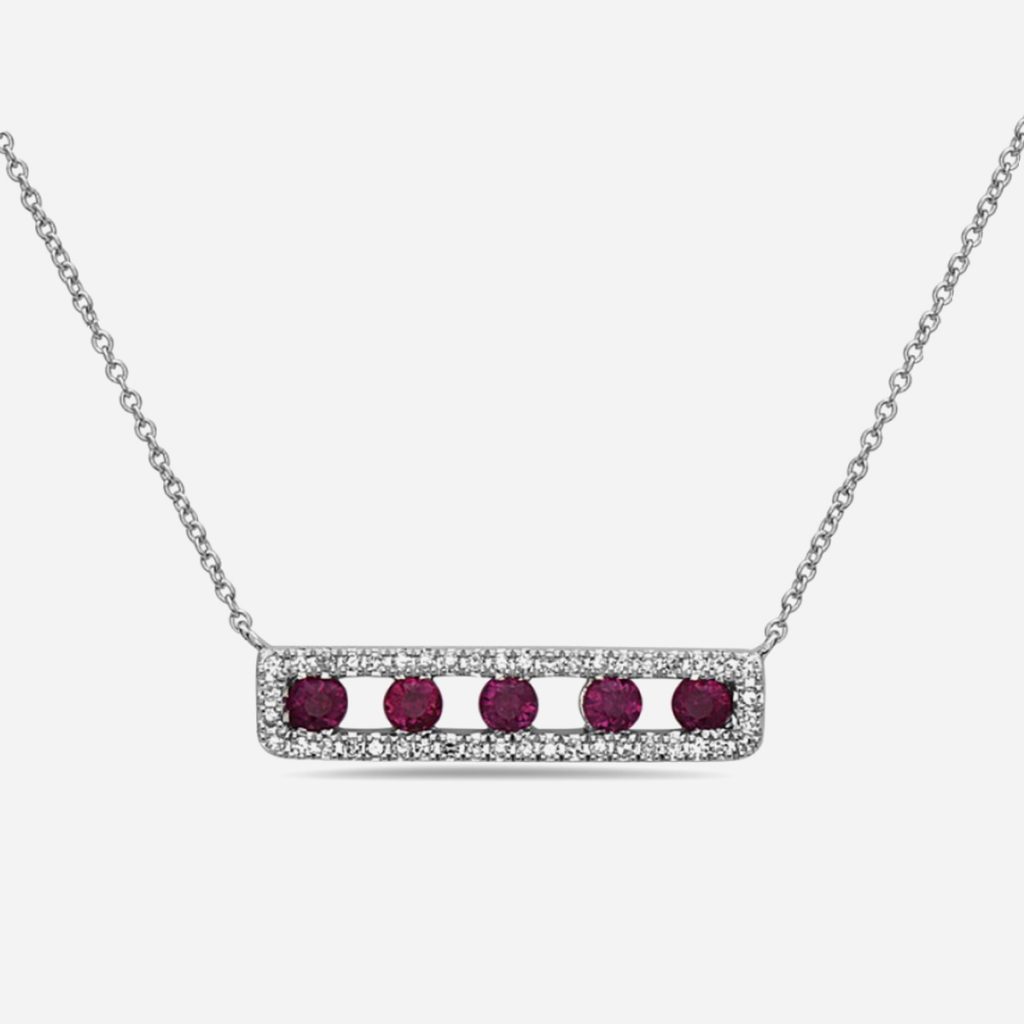 14K White Gold Ruby and Diamond Open Rectangle Necklace