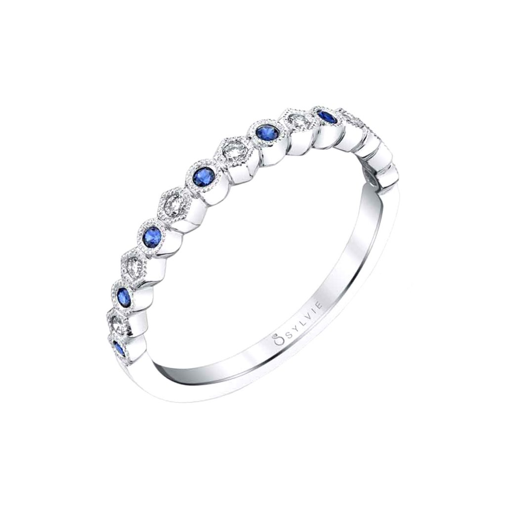 14K White Gold Blue Sapphire Mixed Shapes Band