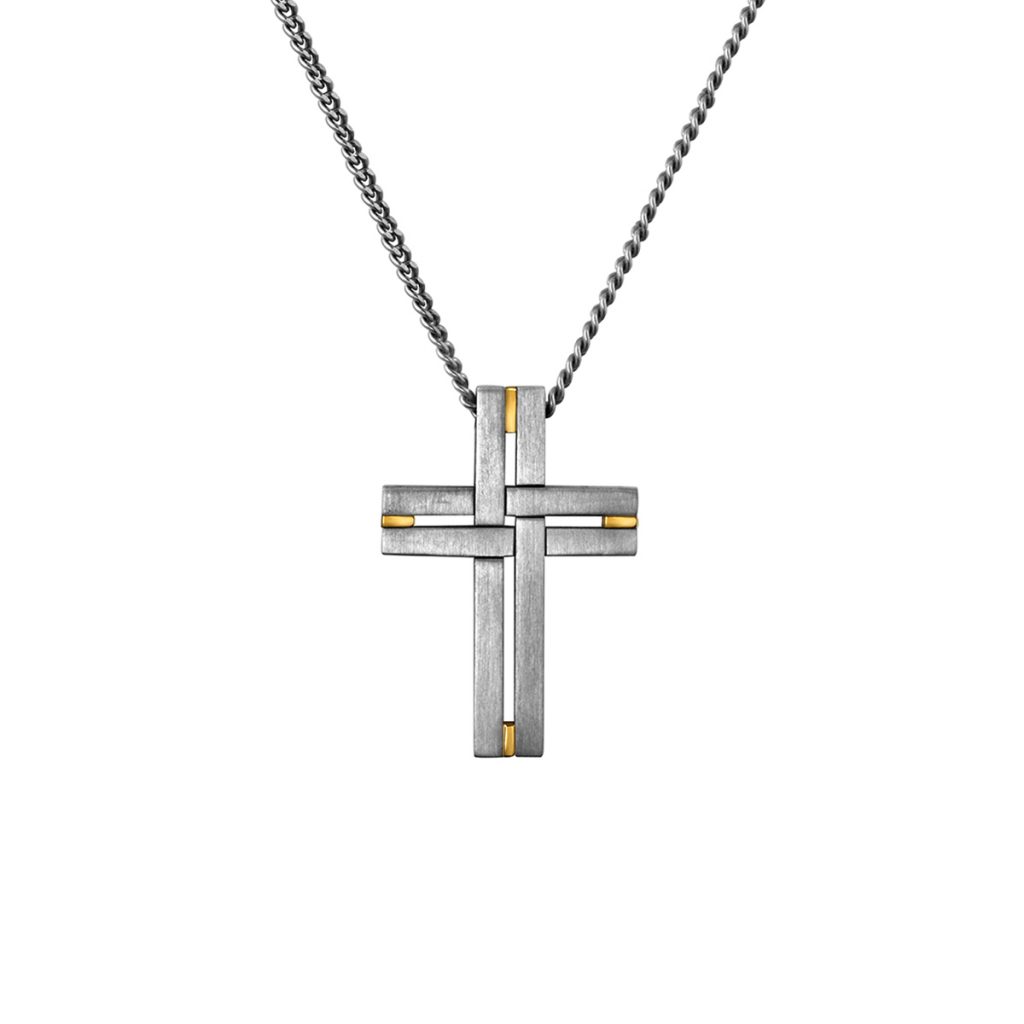 Stainless Steel and Yellow Gold Plated Woven Cross Pendant with Chain