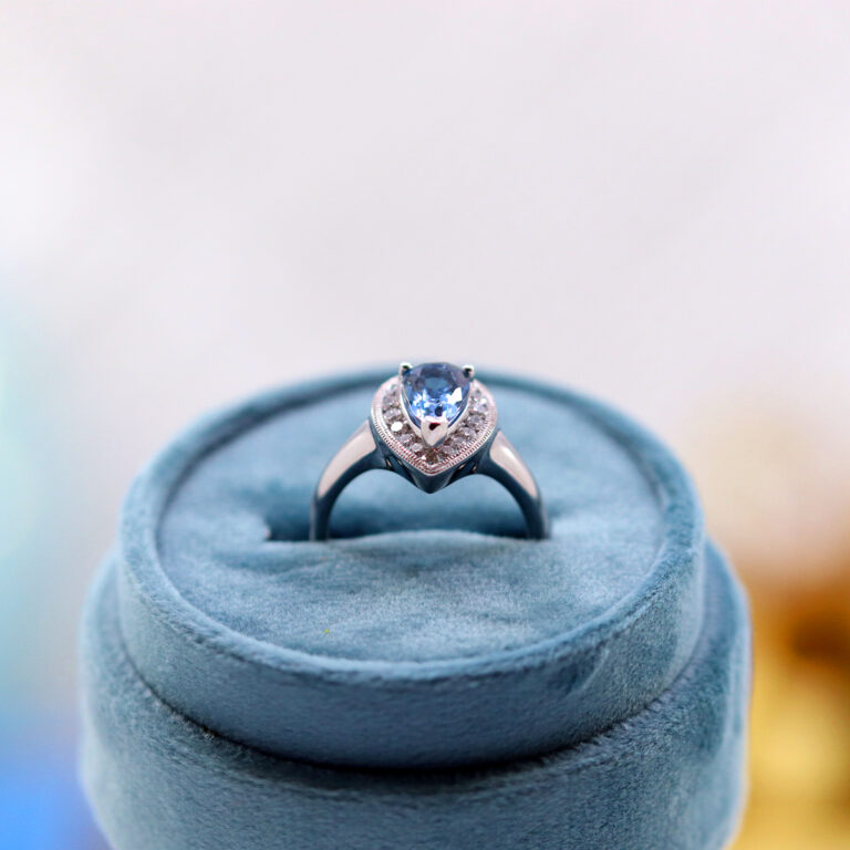 14K White Gold Pear Aquamarine and Diamond Ring