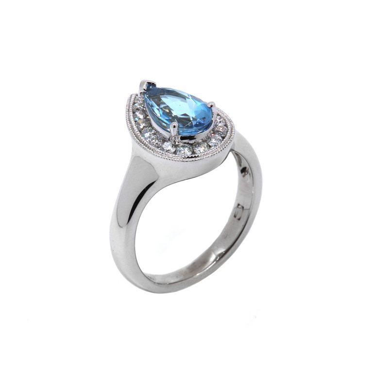 14K White Gold Pear Aquamarine and Diamond Ring