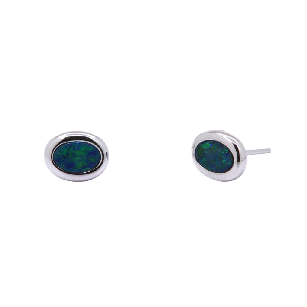 14K White Gold Oval Opal Doublet Stud Earrings