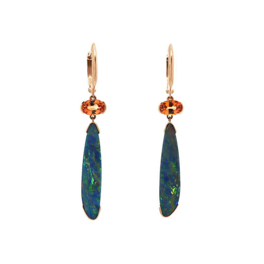 14K Yellow Gold Opal Doublet and Orange Sapphire Dangle Earrings