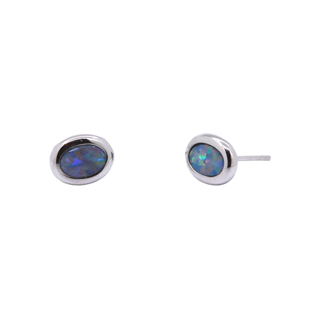14K White Gold Oval Opal Doublet Stud Earrings